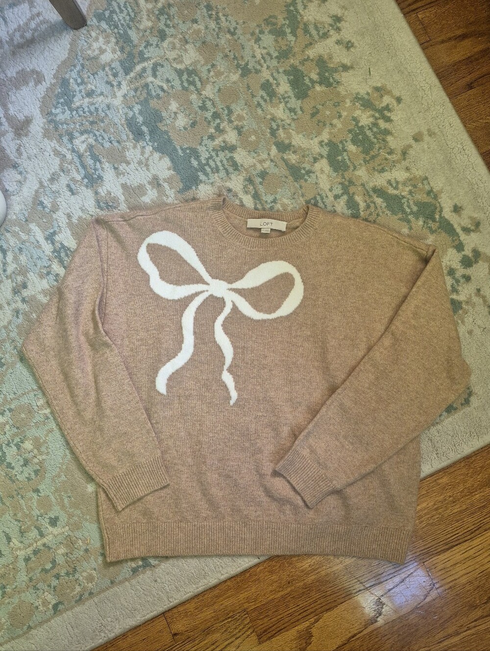 LOFT Tan Sweater with White Bow Graphic Sz S